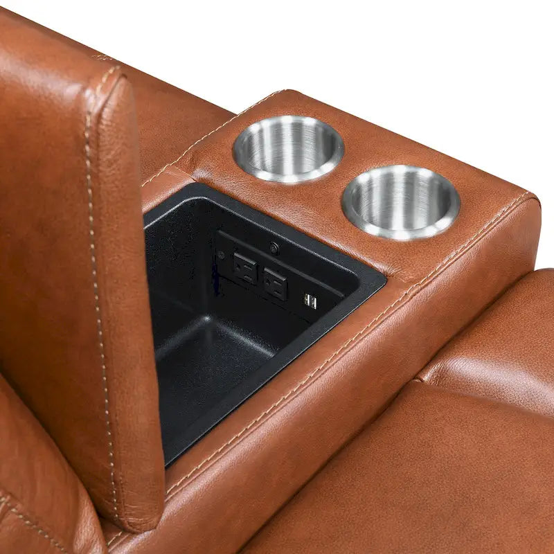 Causeuse inclinable électrique gris ardoise/brun caramel en cuir pleine fleur avec console centrale et chargement USB, 2 places