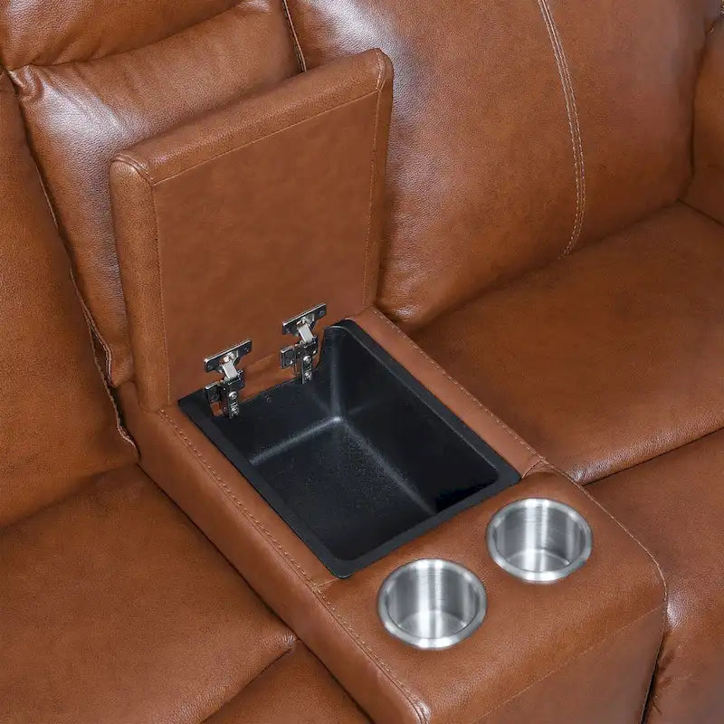 Causeuse inclinable électrique gris ardoise/brun caramel en cuir pleine fleur avec console centrale et chargement USB, 2 places