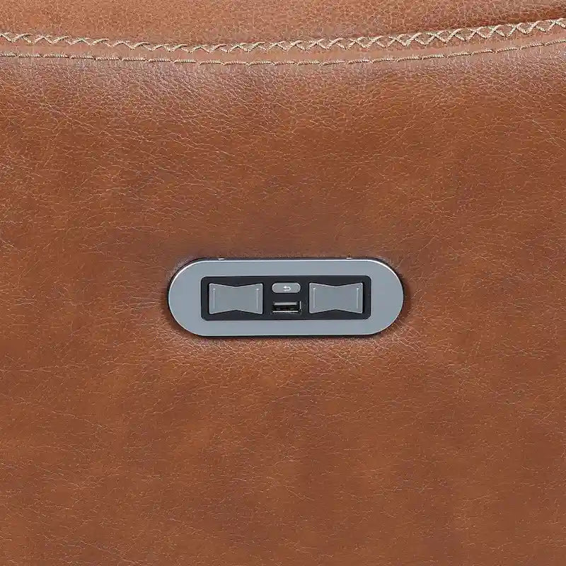 Causeuse inclinable électrique gris ardoise/brun caramel en cuir pleine fleur avec console centrale et chargement USB, 2 places