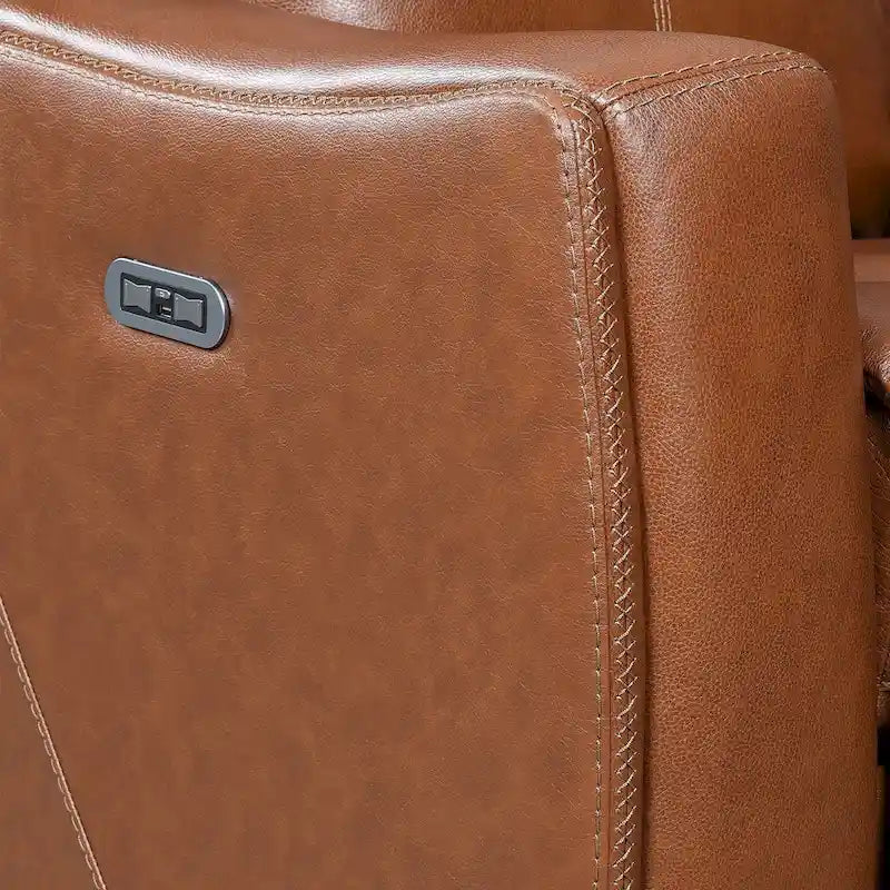 Causeuse inclinable électrique gris ardoise/brun caramel en cuir pleine fleur avec console centrale et chargement USB, 2 places