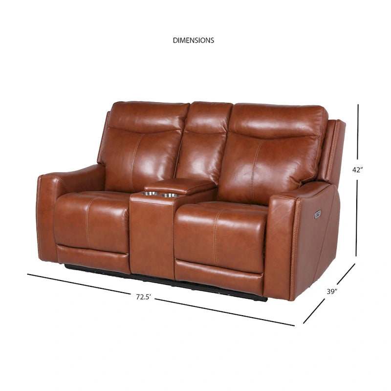 Causeuse inclinable électrique gris ardoise/brun caramel en cuir pleine fleur avec console centrale et chargement USB, 2 places