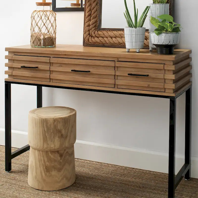 Console en sapin à lattes, marron cerise, avec 3 tiroirs et structure en fer noir