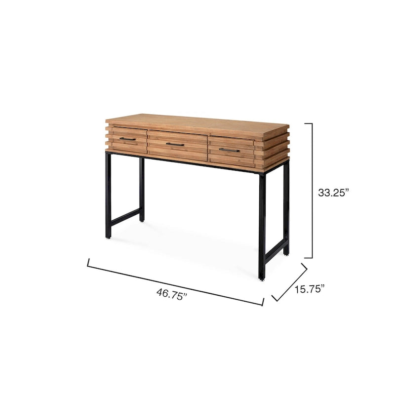Console en sapin à lattes, marron cerise, avec 3 tiroirs et structure en fer noir