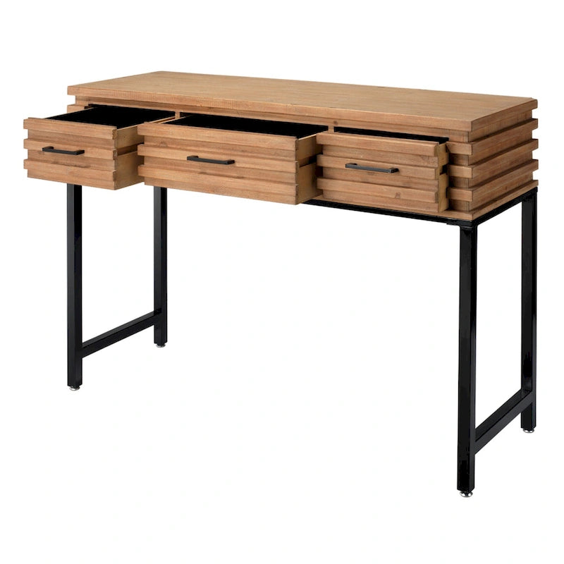 Console en sapin à lattes, marron cerise, avec 3 tiroirs et structure en fer noir