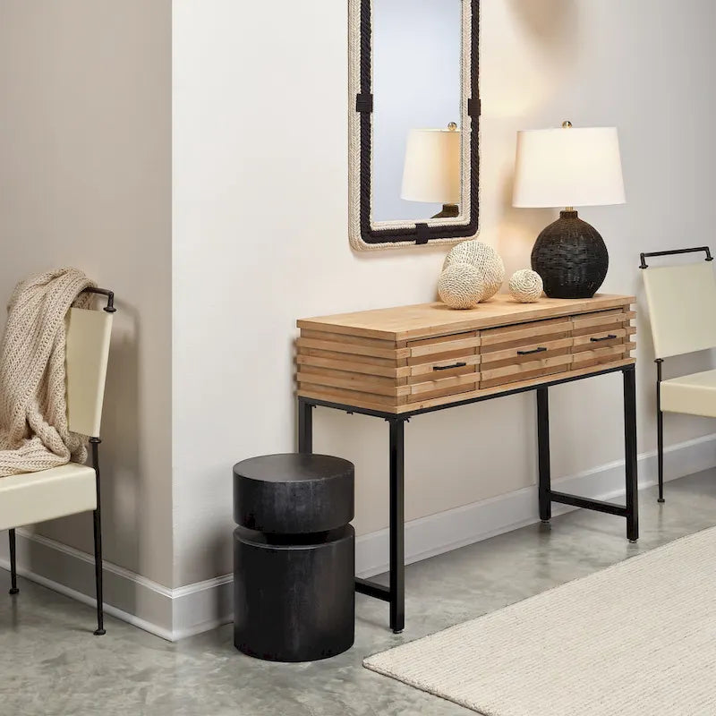 Console en sapin à lattes, marron cerise, avec 3 tiroirs et structure en fer noir