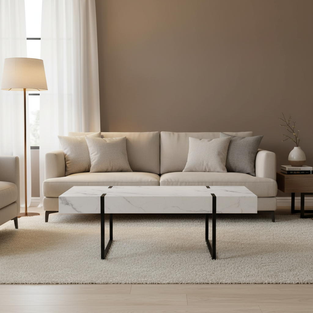 Table basse rectangulaire en faux marbre blanc et métal, 109 cm