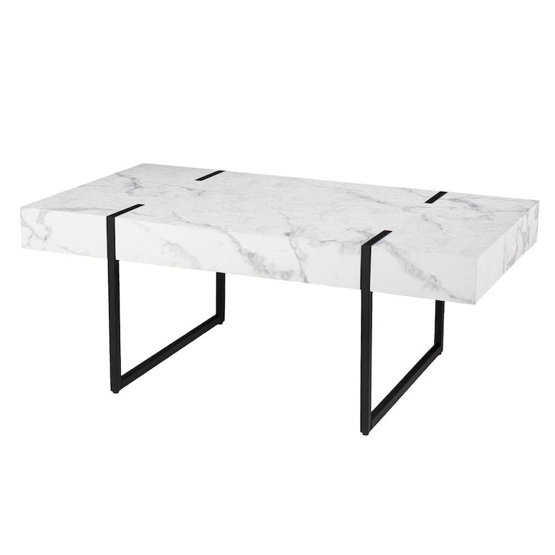 Table basse rectangulaire en faux marbre blanc et métal, 109 cm