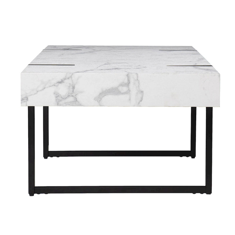 Table basse rectangulaire en faux marbre blanc et métal, 109 cm