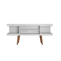 Meuble TV scandinave blanc/crème/noir avec pieds en bois évasés et étagères ouvertes, pour téléviseurs jusqu'à 50 pouces