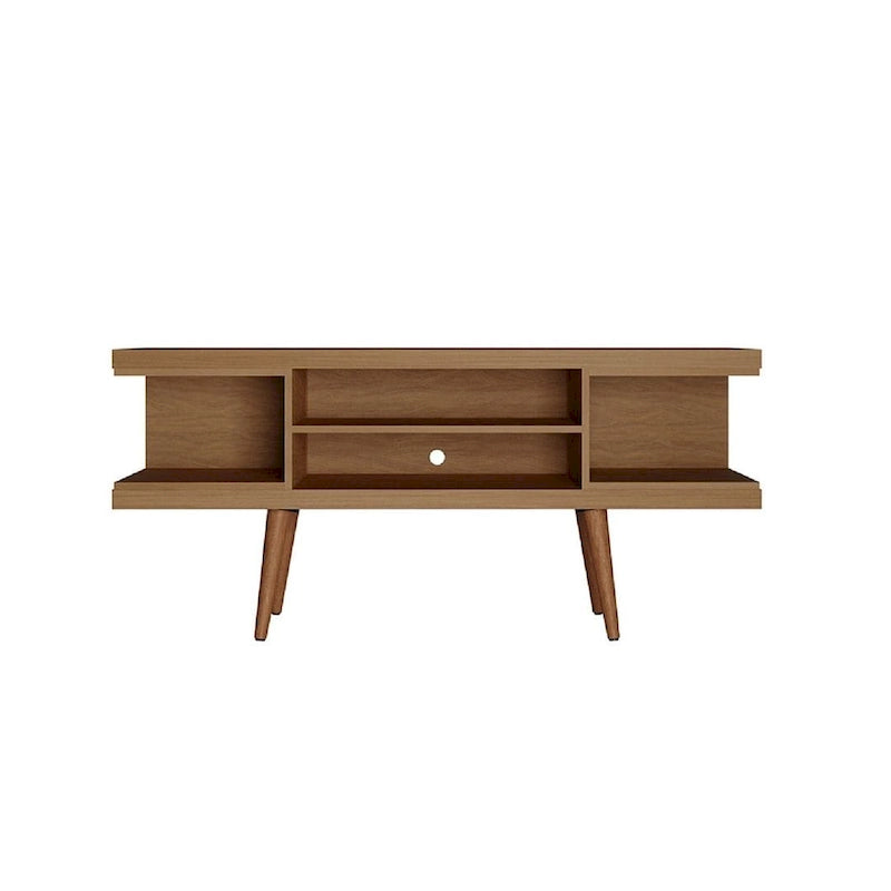 Meuble TV scandinave blanc/crème/noir avec pieds en bois évasés et étagères ouvertes, pour téléviseurs jusqu'à 50 pouces