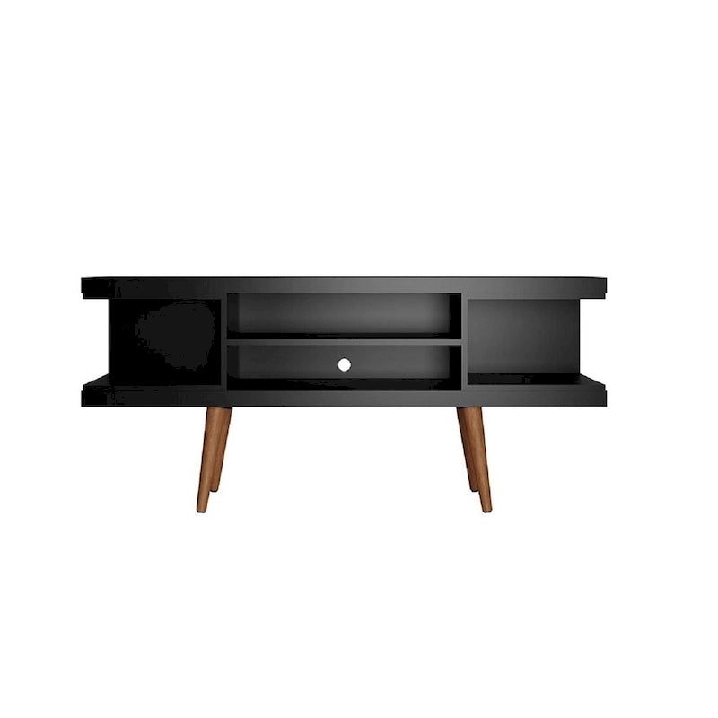 Meuble TV scandinave blanc/crème/noir avec pieds en bois évasés et étagères ouvertes, pour téléviseurs jusqu'à 50 pouces