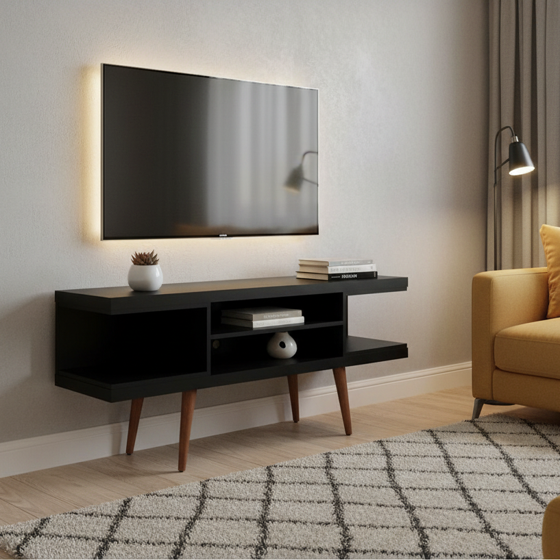 Meuble TV scandinave blanc/crème/noir avec pieds en bois évasés et étagères ouvertes, pour téléviseurs jusqu'à 50 pouces