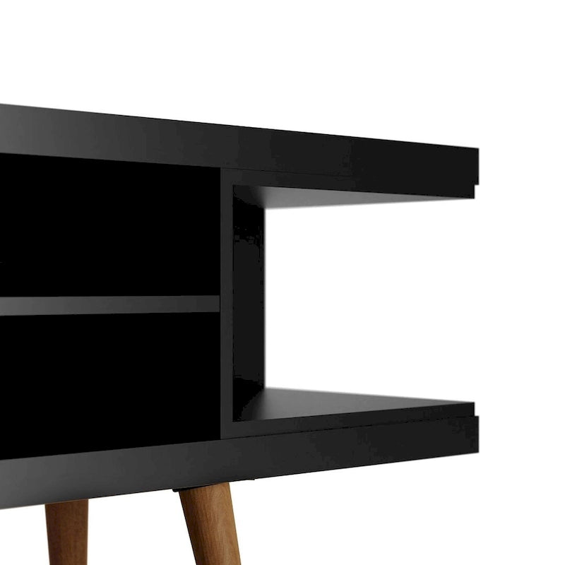 Meuble TV scandinave blanc/crème/noir avec pieds en bois évasés et étagères ouvertes, pour téléviseurs jusqu'à 50 pouces
