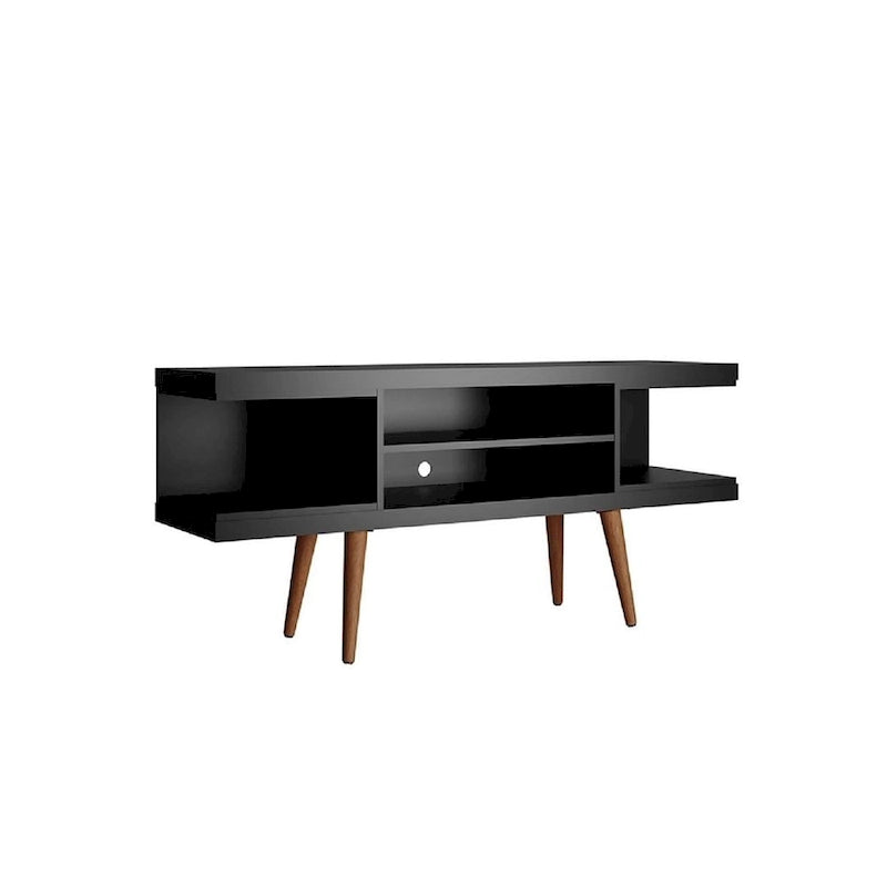 Meuble TV scandinave blanc/crème/noir avec pieds en bois évasés et étagères ouvertes, pour téléviseurs jusqu'à 50 pouces