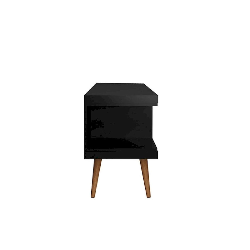 Meuble TV scandinave blanc/crème/noir avec pieds en bois évasés et étagères ouvertes, pour téléviseurs jusqu'à 50 pouces