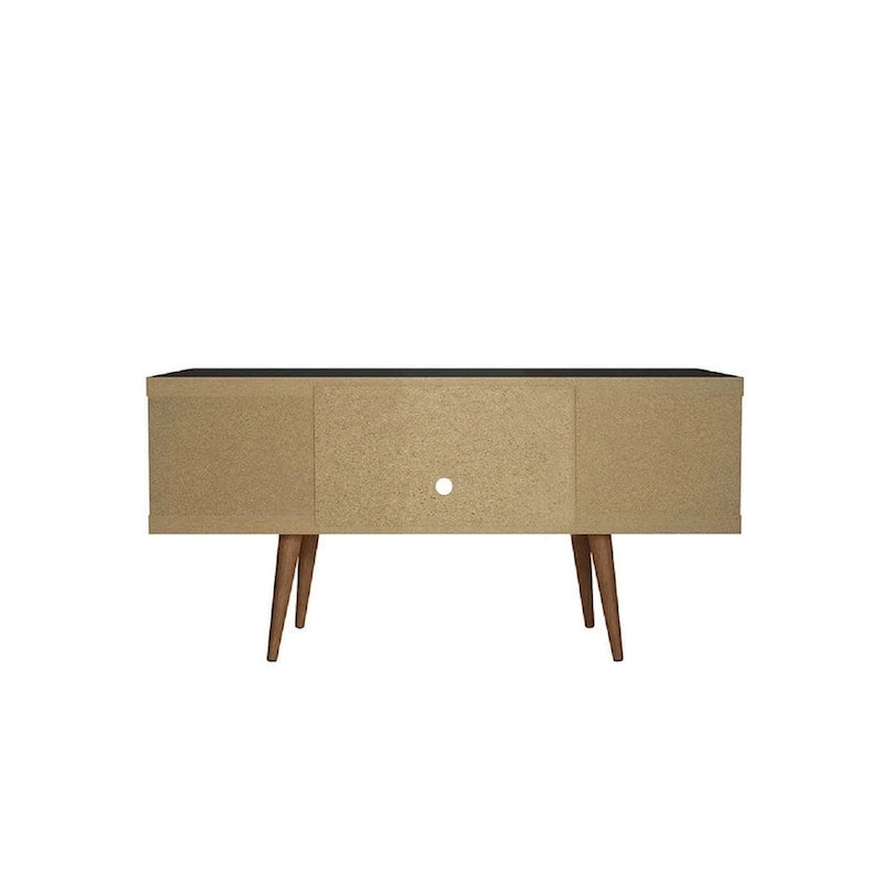 Meuble TV scandinave blanc/crème/noir avec pieds en bois évasés et étagères ouvertes, pour téléviseurs jusqu'à 50 pouces