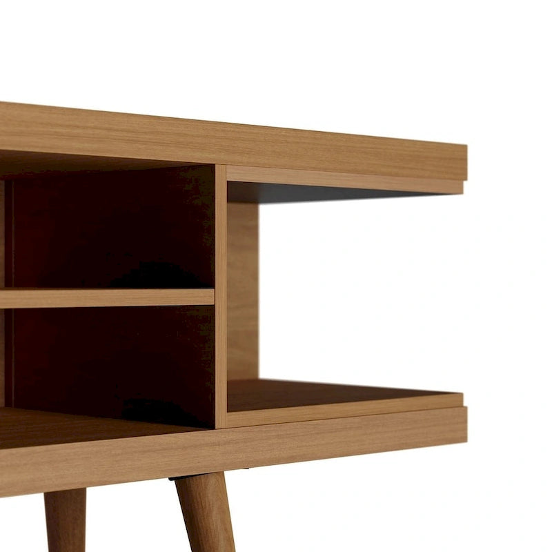 Meuble TV scandinave blanc/crème/noir avec pieds en bois évasés et étagères ouvertes, pour téléviseurs jusqu'à 50 pouces