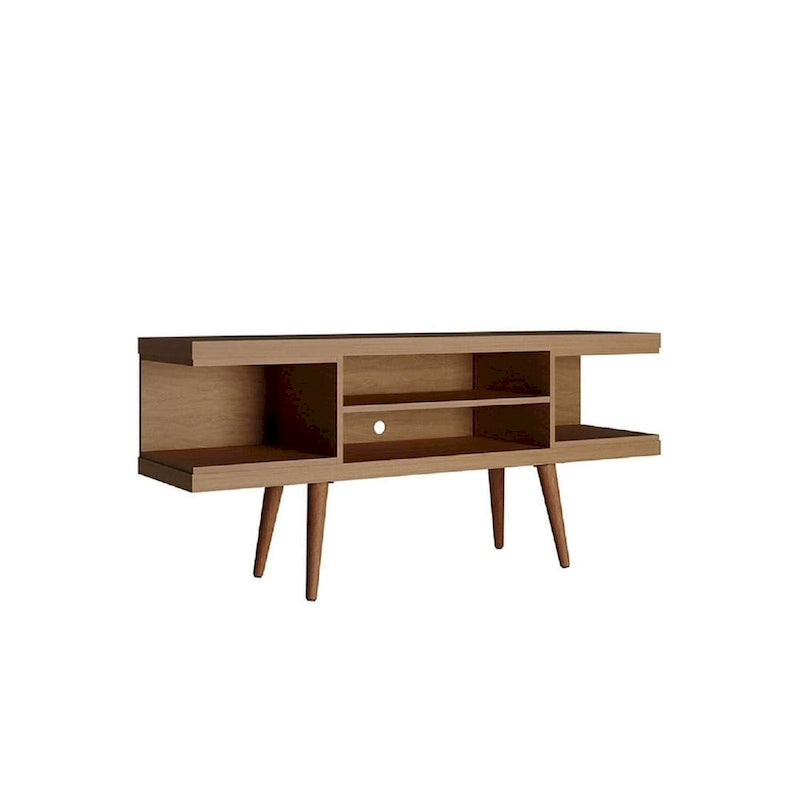 Meuble TV scandinave blanc/crème/noir avec pieds en bois évasés et étagères ouvertes, pour téléviseurs jusqu'à 50 pouces