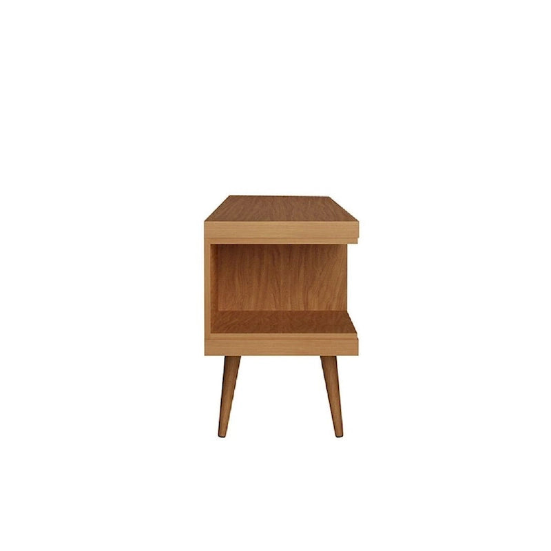 Meuble TV scandinave blanc/crème/noir avec pieds en bois évasés et étagères ouvertes, pour téléviseurs jusqu'à 50 pouces