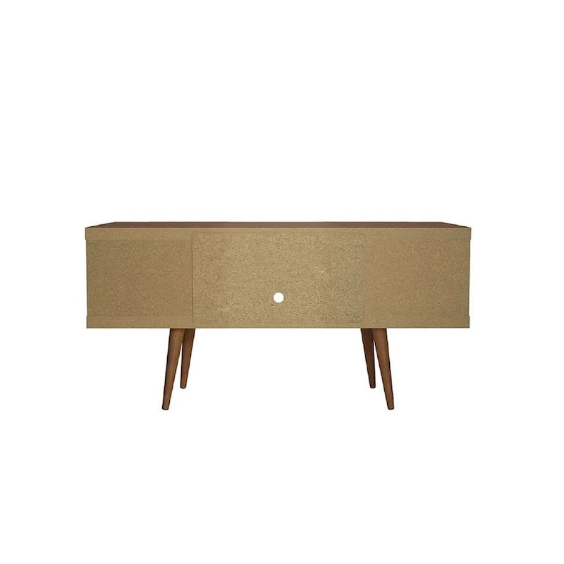 Meuble TV scandinave blanc/crème/noir avec pieds en bois évasés et étagères ouvertes, pour téléviseurs jusqu'à 50 pouces