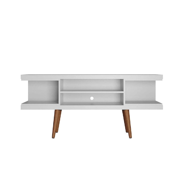 Meuble TV scandinave blanc/crème/noir avec pieds en bois évasés et étagères ouvertes, pour téléviseurs jusqu'à 50 pouces