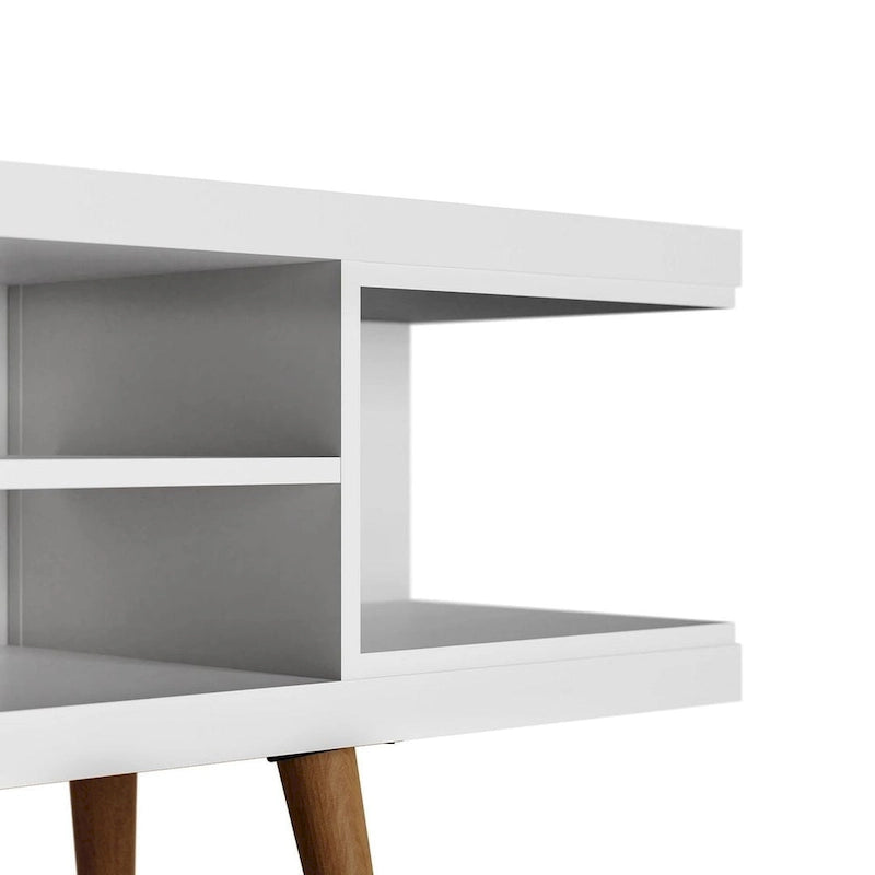 Meuble TV scandinave blanc/crème/noir avec pieds en bois évasés et étagères ouvertes, pour téléviseurs jusqu'à 50 pouces