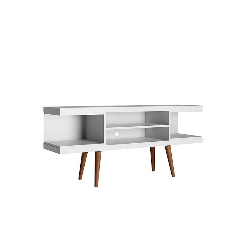 Meuble TV scandinave blanc/crème/noir avec pieds en bois évasés et étagères ouvertes, pour téléviseurs jusqu'à 50 pouces