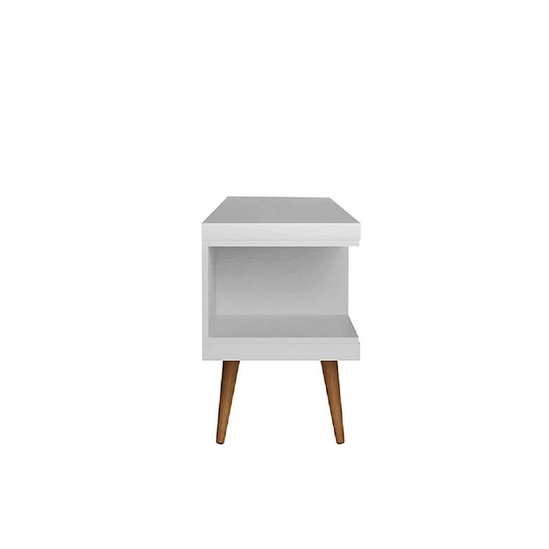 Meuble TV scandinave blanc/crème/noir avec pieds en bois évasés et étagères ouvertes, pour téléviseurs jusqu'à 50 pouces