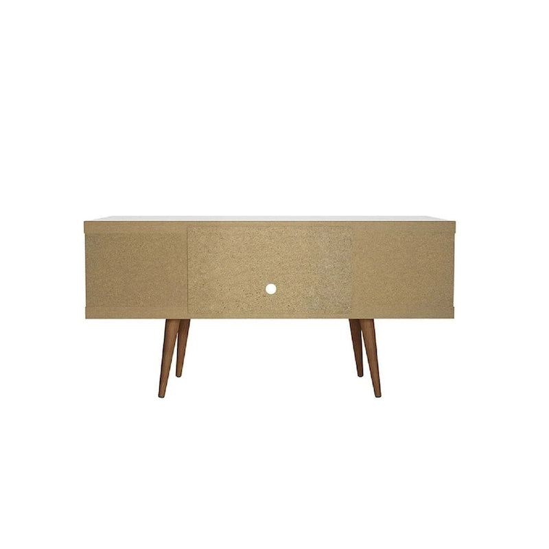 Meuble TV scandinave blanc/crème/noir avec pieds en bois évasés et étagères ouvertes, pour téléviseurs jusqu'à 50 pouces