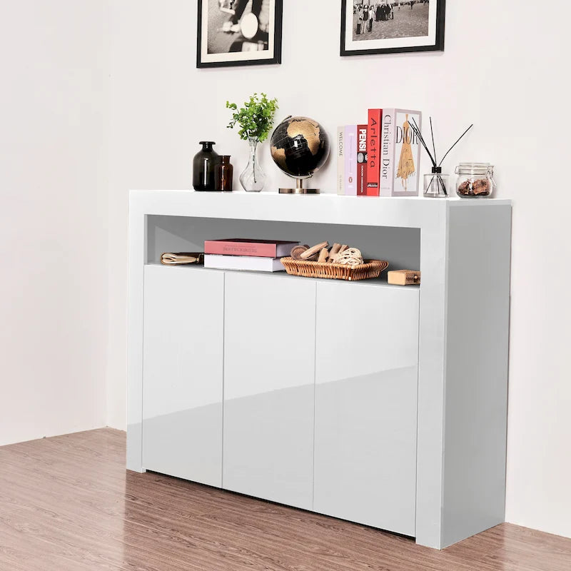 Buffet/Meuble de rangement laqué brillant Blanc/Blanc+Gris/Noir avec 3 portes, casier ouvert et lumières LED (16 couleurs, télécommande)