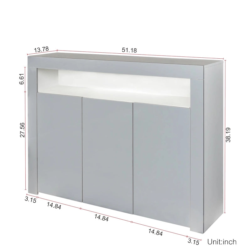 Buffet/Meuble de rangement laqué brillant Blanc/Blanc+Gris/Noir avec 3 portes, casier ouvert et lumières LED (16 couleurs, télécommande)