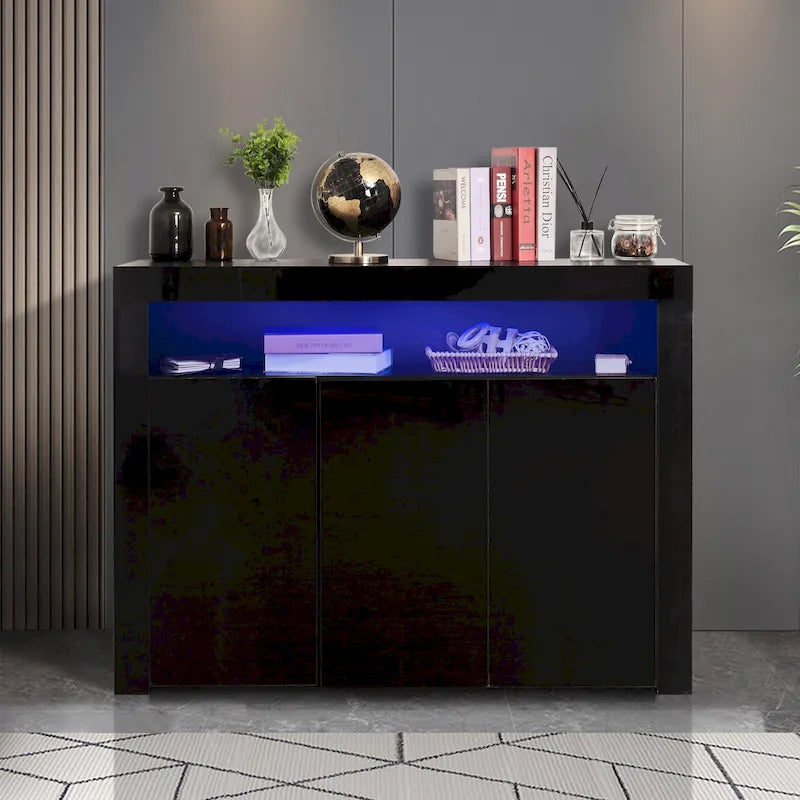 Buffet/Meuble de rangement laqué brillant Blanc/Blanc+Gris/Noir avec 3 portes, casier ouvert et lumières LED (16 couleurs, télécommande)