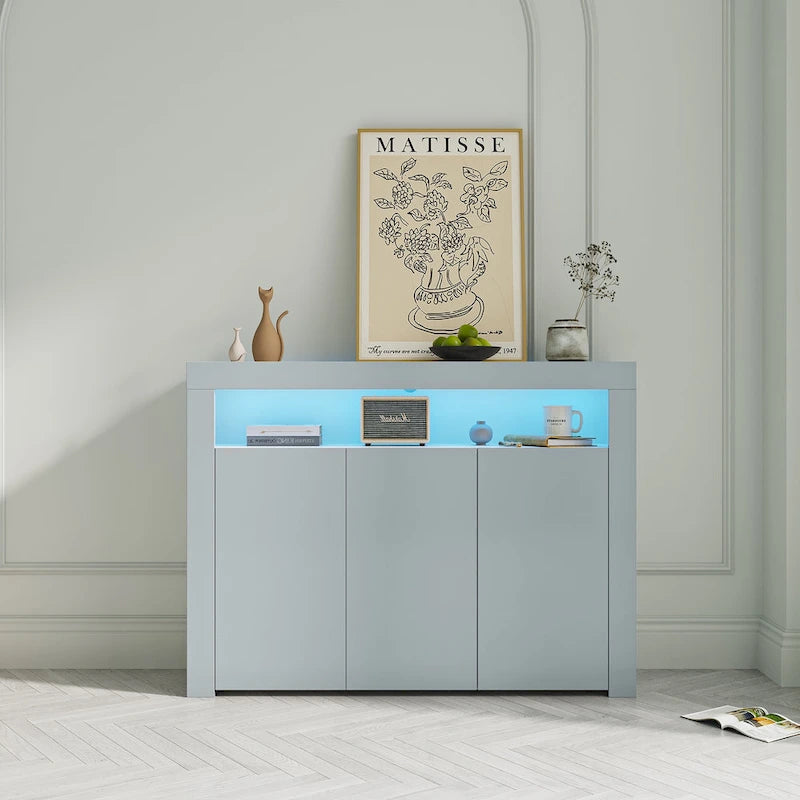 Buffet/Meuble de rangement laqué brillant Blanc/Blanc+Gris/Noir avec 3 portes, casier ouvert et lumières LED (16 couleurs, télécommande)