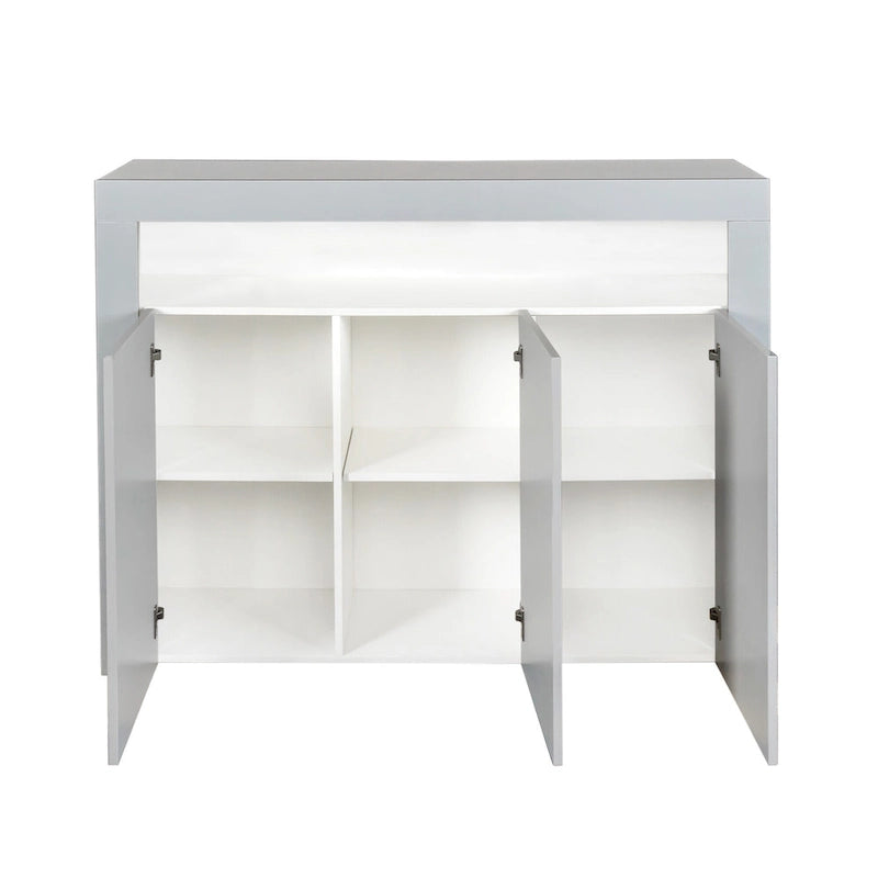Buffet/Meuble de rangement laqué brillant Blanc/Blanc+Gris/Noir avec 3 portes, casier ouvert et lumières LED (16 couleurs, télécommande)
