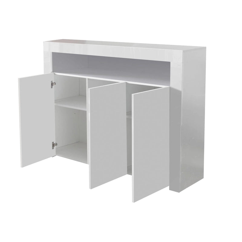 Buffet/Meuble de rangement laqué brillant Blanc/Blanc+Gris/Noir avec 3 portes, casier ouvert et lumières LED (16 couleurs, télécommande)