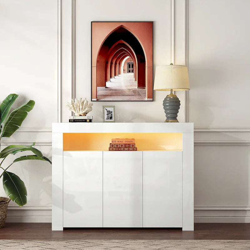 Buffet/Meuble de rangement laqué brillant Blanc/Blanc+Gris/Noir avec 3 portes, casier ouvert et lumières LED (16 couleurs, télécommande)