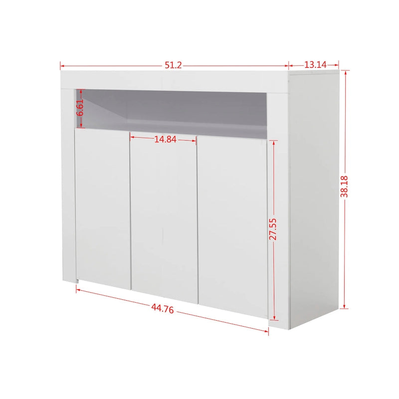 Buffet/Meuble de rangement laqué brillant Blanc/Blanc+Gris/Noir avec 3 portes, casier ouvert et lumières LED (16 couleurs, télécommande)