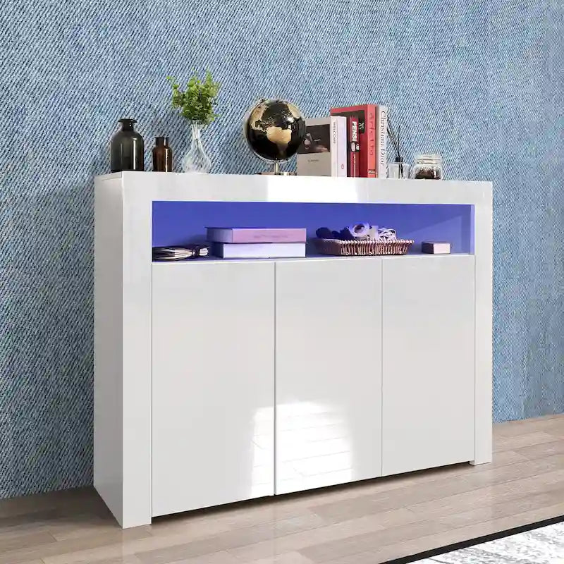 Buffet/Meuble de rangement laqué brillant Blanc/Blanc+Gris/Noir avec 3 portes, casier ouvert et lumières LED (16 couleurs, télécommande)