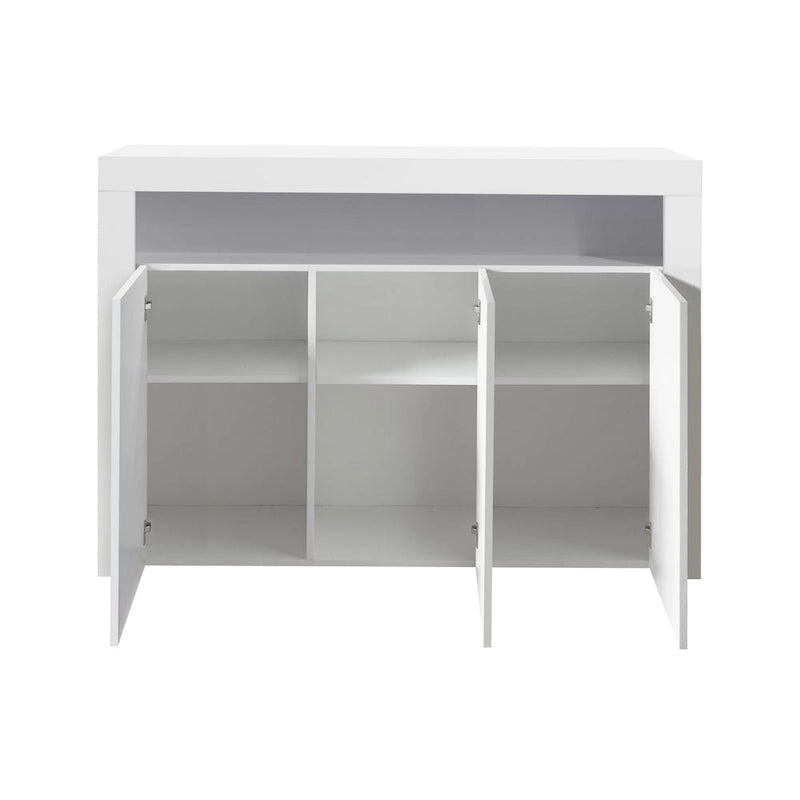 Buffet/Meuble de rangement laqué brillant Blanc/Blanc+Gris/Noir avec 3 portes, casier ouvert et lumières LED (16 couleurs, télécommande)