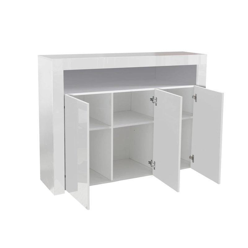 Buffet/Meuble de rangement laqué brillant Blanc/Blanc+Gris/Noir avec 3 portes, casier ouvert et lumières LED (16 couleurs, télécommande)