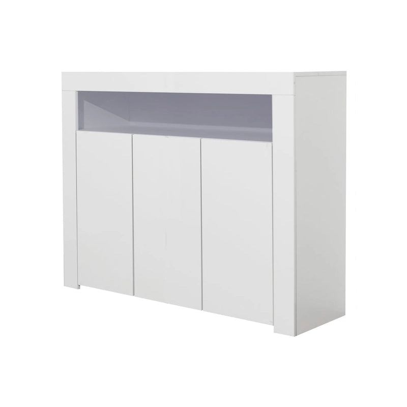 Buffet/Meuble de rangement laqué brillant Blanc/Blanc+Gris/Noir avec 3 portes, casier ouvert et lumières LED (16 couleurs, télécommande)