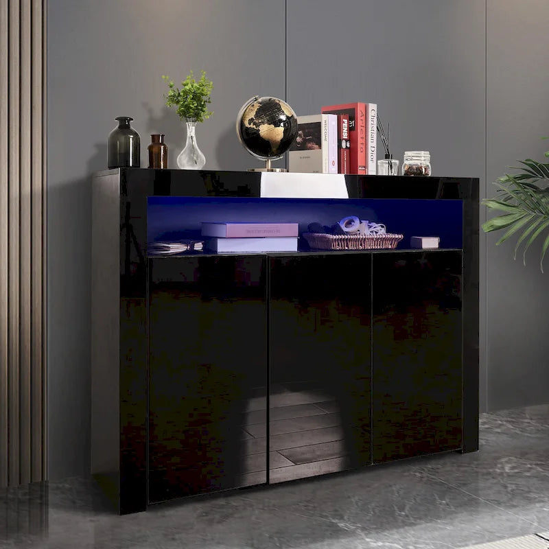 Buffet/Meuble de rangement laqué brillant Blanc/Blanc+Gris/Noir avec 3 portes, casier ouvert et lumières LED (16 couleurs, télécommande)