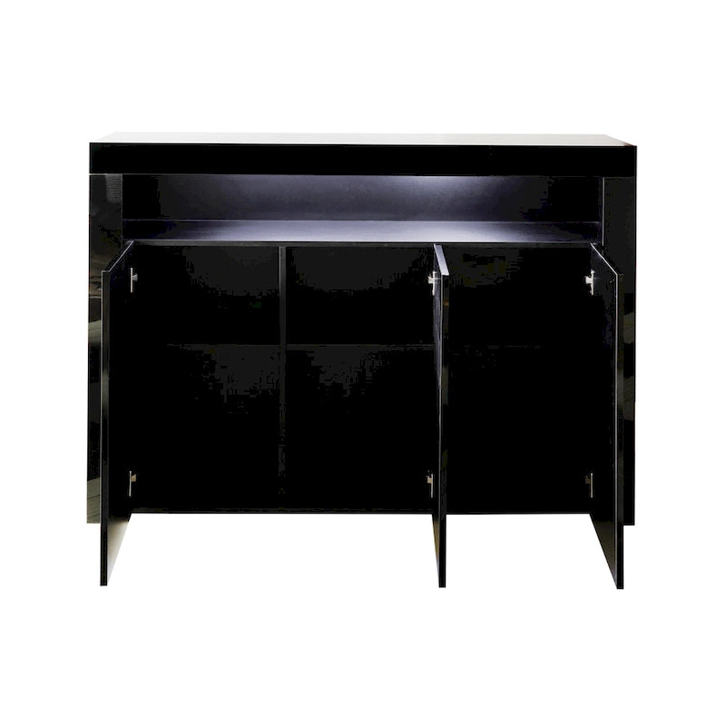 Buffet/Meuble de rangement laqué brillant Blanc/Blanc+Gris/Noir avec 3 portes, casier ouvert et lumières LED (16 couleurs, télécommande)