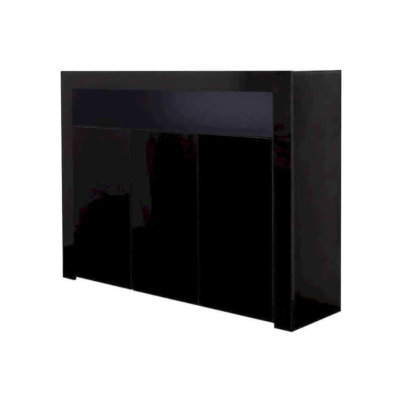 Buffet/Meuble de rangement laqué brillant Blanc/Blanc+Gris/Noir avec 3 portes, casier ouvert et lumières LED (16 couleurs, télécommande)