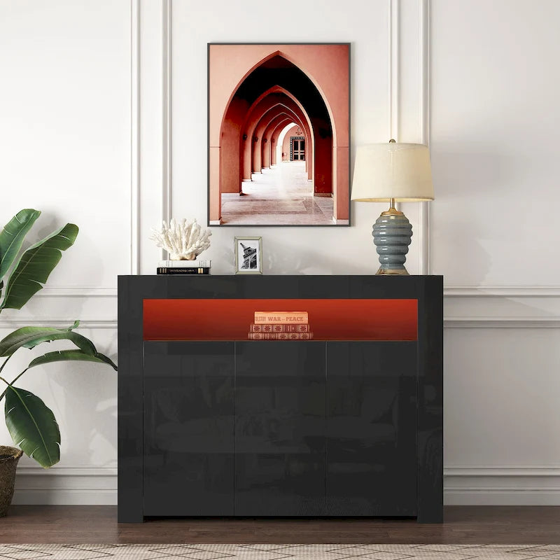 Buffet/Meuble de rangement laqué brillant Blanc/Blanc+Gris/Noir avec 3 portes, casier ouvert et lumières LED (16 couleurs, télécommande)