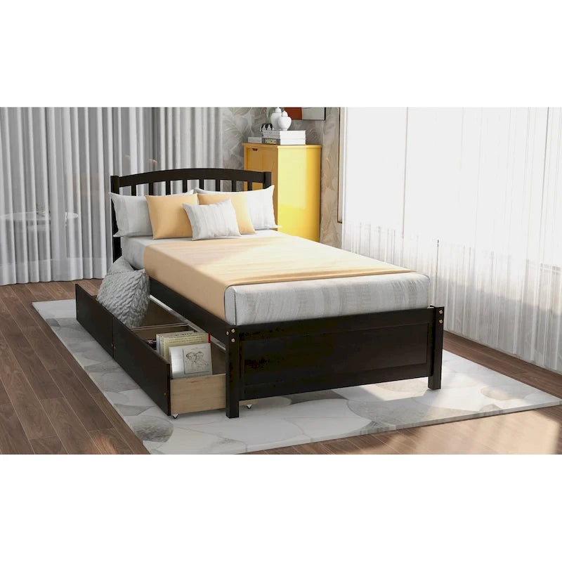 Lit plateforme double en bois avec tête de lit, 2 tiroirs de rangement et 10 lattes, coloris expresso/blanc/gris/noyer, pour 1 personne
