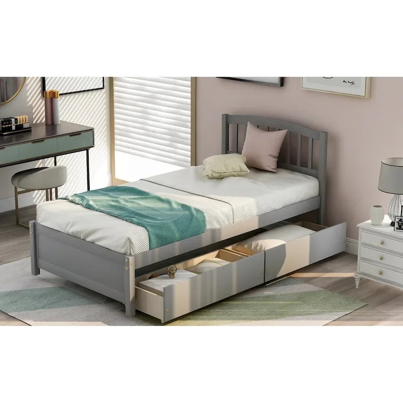 Lit plateforme double en bois avec tête de lit, 2 tiroirs de rangement et 10 lattes, coloris expresso/blanc/gris/noyer, pour 1 personne