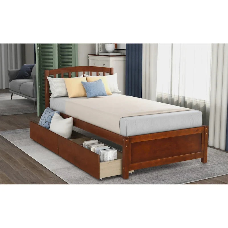 Lit plateforme double en bois avec tête de lit, 2 tiroirs de rangement et 10 lattes, coloris expresso/blanc/gris/noyer, pour 1 personne