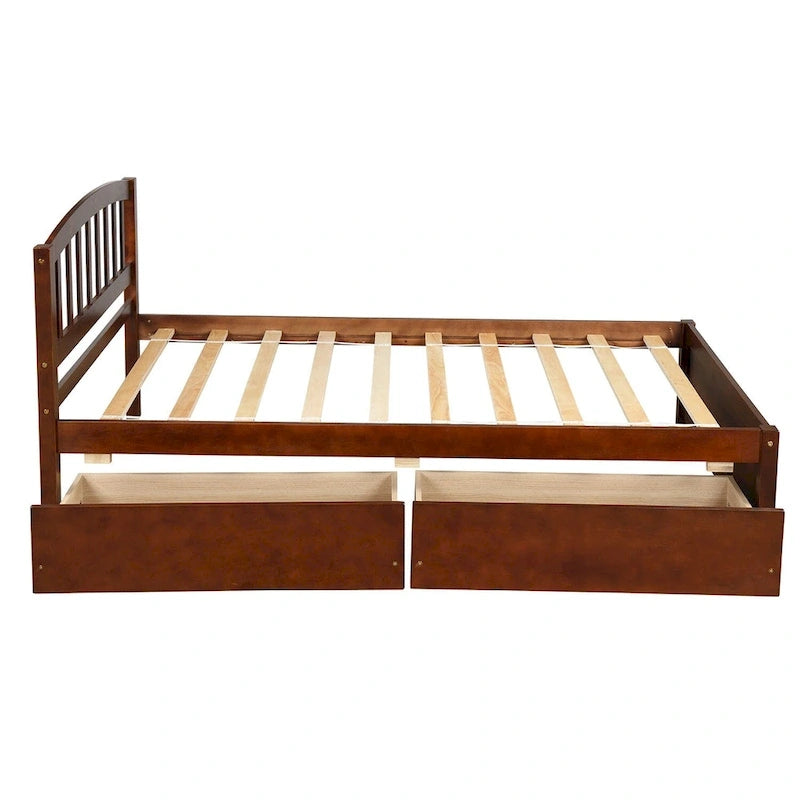 Lit plateforme double en bois avec tête de lit, 2 tiroirs de rangement et 10 lattes, coloris expresso/blanc/gris/noyer, pour 1 personne