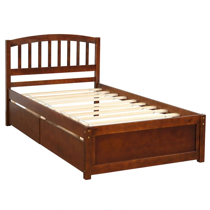 Lit plateforme double en bois avec tête de lit, 2 tiroirs de rangement et 10 lattes, coloris expresso/blanc/gris/noyer, pour 1 personne